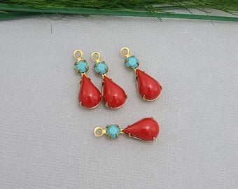 4pcs - Opaque Red Acrylic Pear Shaped Stone and Round Turquoise Rhinestone Brass Prong Settings.