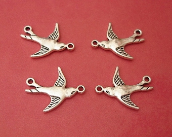 10 Antique Silver - Swallow Bird Connectors Flying Bird Pendants Double Sided.