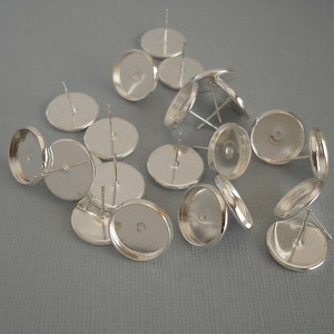 Earring Cabochon Settings, 12mm Cabochon Tray, Ear Post, Silver Plated Brass.