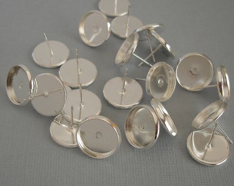 Earring Cabochon Settings, 12mm Cabochon Tray, Ear Post, Silver Plated Brass.