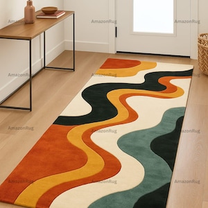 Retro Wavy Runner Rug with Earth Tone Abstract Pattern – Mid-Century Modern Style Long Hallway Rug for Entrance or Living Space