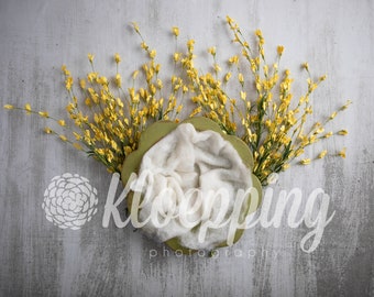 Yellow spring flowers newborn digital backdrop in a green bowl