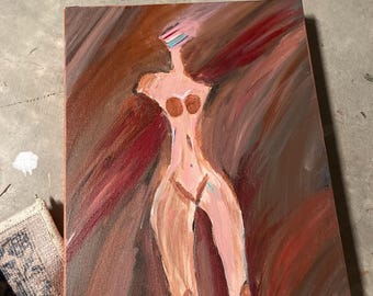 May include: Abstract painting of a nude figure with a light skin tone, set against a backdrop of brown and red brushstrokes. The figure has a striped head and is painted on a rectangular canvas.