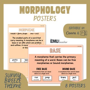 May include: Educational posters with the text "MORPHOLOGY POSTERS" in a gold font. The posters have a "Sunny Breeze Theme" and include definitions of morphemes, bases, prefixes, and suffixes. The posters are editable in Canva and PDF.