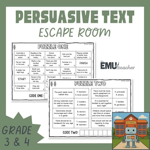 Puede incluir: Hoja de trabajo educativa titulada "Persuasive Text Escape Room" para los grados 3 y 4. La imagen presenta dos rompecabezas con preguntas para completar y una ilustración con temática escolar con un robot.