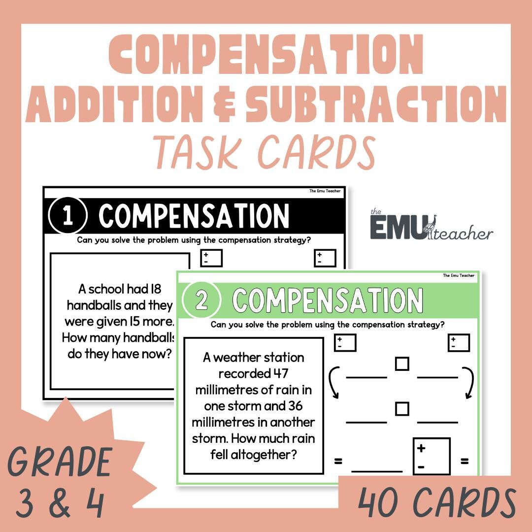 Compensation Story Problems Math 2 & 3-digit Addition and Subtraction Word Problem Task Cards ...