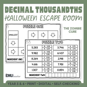 Op de afbeelding: Een printbaar educatief werkblad getiteld Decimal Thousandths Halloween Escape Room: The Zombie Cure. Het bevat twee puzzels met wiskundige opgaven over decimalen, pijlen en lettercodes op een saliegroene achtergrond.