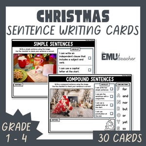 May include: Christmas Sentence Writing Cards for grades 1-4. The cards feature simple and compound sentence exercises with checklists and conjunctions. The image includes a festive theme with a Christmas tree and Santa Claus.
