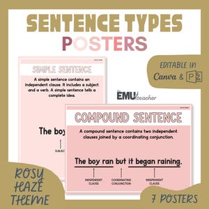 Puede incluir: Pósteres educativos con un tema de bruma rosada. Los pósteres muestran información sobre los tipos de oraciones, incluidas las oraciones simples y compuestas. El texto incluye "Sentence Types Posters", "Simple Sentence" y "Compound Sentence". Editables en Canva y PDF.