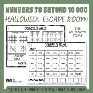 May include: A printable educational activity sheet titled Numbers to Beyond 10 000 Halloween Escape Room: The Mummy's Tomb. It features two puzzles, including a pigpen cipher and a grid of numbers with letters, designed for year 3 and 4 students.