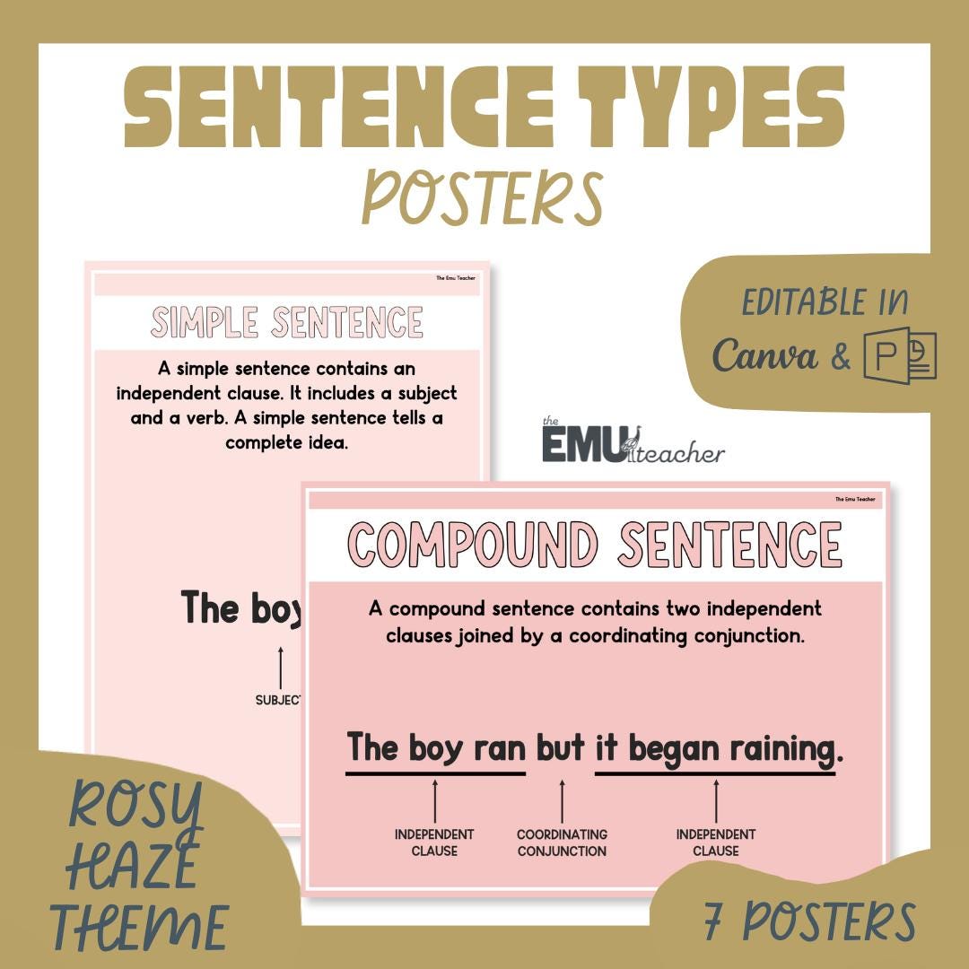Sentence Structure & Types Rosy Haze Posters Improve Writing and ...