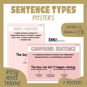 May include: Educational posters with a rosy haze theme, featuring sentence types. The posters include definitions and examples of simple and compound sentences. The text reads "Sentence Types Posters", "Simple Sentence", and "Compound Sentence". The posters are editable in Canva and PDF.