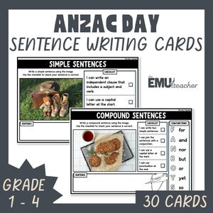May include: Anzac Day sentence writing cards for grades 1-4. The cards feature simple and compound sentence exercises. Images include a hat, boots, teddy bear, and cookies. The cards have checklists and conjunctions.