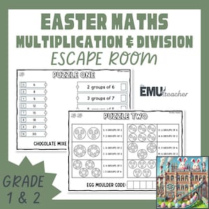 May include: Easter-themed maths escape room printable for grades 1 & 2, focusing on multiplication and division. Includes puzzles and an egg factory illustration. Features "Puzzle One" and "Puzzle Two" worksheets with sums.