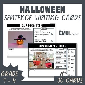 May include: Halloween sentence writing cards for grades 1-4. The cards feature images and checklists for simple and compound sentences. Includes 30 cards with Halloween-themed illustrations, perfect for educational activities.