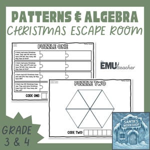 Puede incluir: Una actividad de escape room con temática navideña para los grados 3 y 4. La hoja de trabajo presenta problemas de matemáticas, incluidos problemas de palabras sobre árboles de Navidad, y rompecabezas geométricos. El diseño incluye el texto "PATTERNS & ALGEBRA CHRISTMAS ESCAPE ROOM".