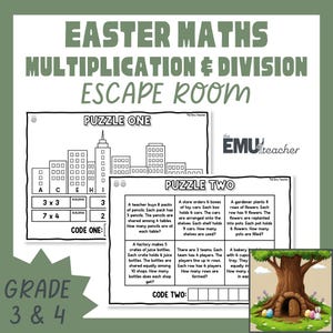 May include: An Easter-themed maths escape room worksheet for grades 3 & 4. The worksheet features multiplication and division problems, with puzzles and code-breaking activities. Includes a cityscape graphic and a tree with Easter eggs.