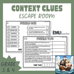 以下が含まれることがあります： 3～4年生向けの「Context Clues Escape Room」というタイトルの教育用ワークシート。ワークシートには、穴埋め問題が2つあります。海賊船のイラストが右下にあります。テキストには、「スキーマ」、「定義」、「例」、「同義語」、「反意語」、「単語の一部」、および「推論」が含まれています。