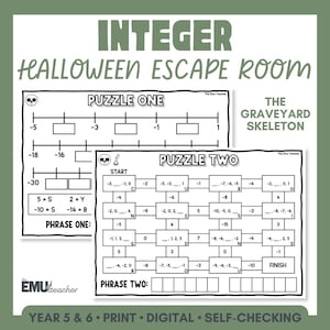 Peut inclure: Un ensemble de fiches pédagogiques intitulé Integer Halloween Escape Room: The Graveyard Skeleton. Il comprend deux pages en noir et blanc avec des puzzles de droites numériques, des suites d'entiers et des cases vides pour résoudre des calculs.