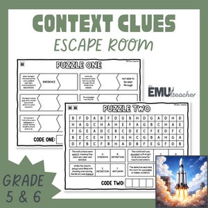 以下が含まれることがあります： 5年生と6年生向けの「Context Clues Escape Room」というタイトルの緑と白の教育用ワークシート。ワークシートには、パズル、ワードゲーム、ロケットのイラストが含まれています。テキストには「Puzzle One」と「Puzzle Two」が含まれています。