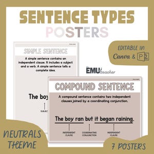 Puede incluir: Pósteres educativos sobre tipos de oraciones con un esquema de color neutro. Los pósteres incluyen definiciones y ejemplos de oraciones simples y compuestas. El texto "Sentence Types Posters" está en la parte superior. Los pósteres son editables en Canva y PDF.