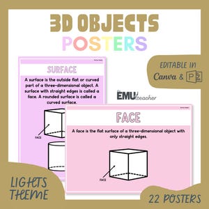May include: Educational posters with the text "3D Objects Posters" in pastel colors. The posters define "Surface" and "Face" with diagrams of geometric shapes. The text "Lights Theme" and "Editable in Canva & PDF" are also visible.