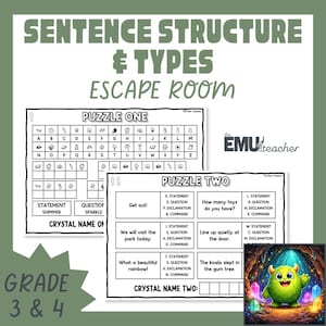 May include: Educational printable game titled "Sentence Structure & Types Escape Room" for grades 3 & 4. Includes two puzzles with sentence structure questions and a colorful illustration of a monster in a cave.