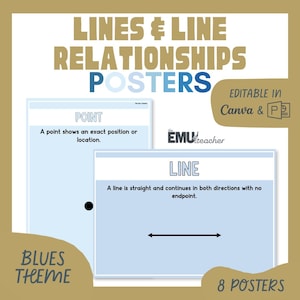 May include: Educational posters with a blues theme, featuring definitions of geometric concepts. The posters include the words "POINT" and "LINE" with their definitions. The text "LINES & LINE RELATIONSHIPS POSTERS" is at the top.