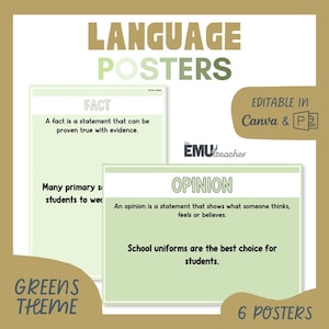 May include: Educational posters with a green theme. The posters display the words "LANGUAGE POSTERS" at the top. One poster defines a fact, and the other defines an opinion. The text "EDITABLE IN Canva & PPT" is also visible.
