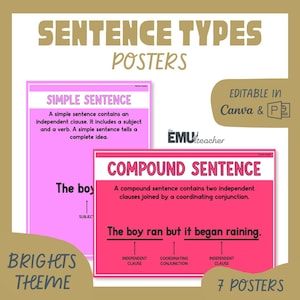 May include: Educational posters titled "Sentence Types" in a bright theme. The posters explain simple and compound sentences with examples. The design includes the text "Editable in Canva & PPT" and "7 Posters".