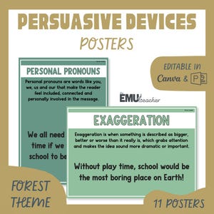 以下が含まれることがあります： 説得力のあるデバイスを特徴とする、森をテーマにした教育ポスター。ポスターには、人称代名詞と誇張の定義と例が含まれています。テキストは緑と白の配色で、上部に「PERSUASIVE DEVICES」という単語があります。