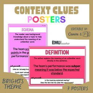 Peut inclure: Affiche éducative "Context Clues Posters" avec des exemples de schémas et de définitions. Les affiches sont modifiables dans Canva et au format PDF. Thème lumineux et coloré.