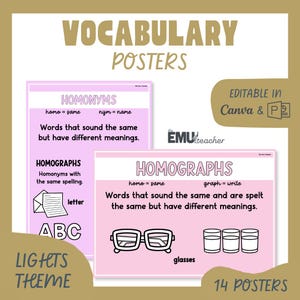 May include: Educational posters explaining homonyms and homographs, with examples. The posters are editable in Canva and PowerPoint. The posters have a pink and white colour scheme. The posters are part of a light theme.