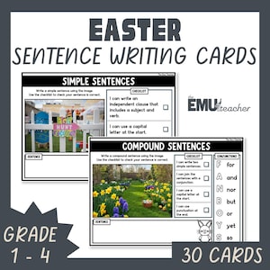 May include: Educational Easter-themed sentence writing cards. The cards feature simple and compound sentence exercises with images. Includes a checklist and conjunctions. The text on the cards reads "EASTER SENTENCE WRITING CARDS" and "GRADE 1-4". There are 30 cards.