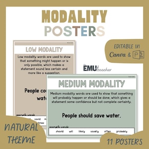Peut inclure: Affiche éducative "Modality Posters" sur le thème de la nature. Les affiches expliquent la modalité faible et moyenne avec des exemples. Les affiches sont modifiables dans Canva et comprennent 11 affiches.