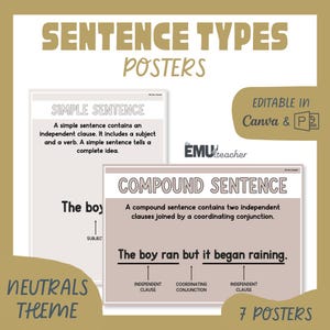 May include: Educational posters on sentence types, featuring examples of simple and compound sentences. The posters have a neutral theme and are editable in Canva and PDF formats. The image includes the text "SENTENCE TYPES POSTERS".