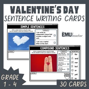 May include: Valentine's Day sentence writing cards for grades 1-4. The cards feature simple and compound sentence examples with checklists and conjunctions. The image includes a heart-shaped cloud and two fingers with a heart.