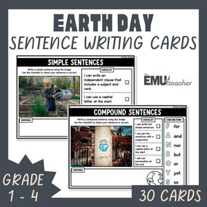 May include: Earth Day sentence writing cards for grades 1-4. The cards feature simple and compound sentence examples with checklists and conjunctions. The cards have images and text to help students learn sentence structure.
