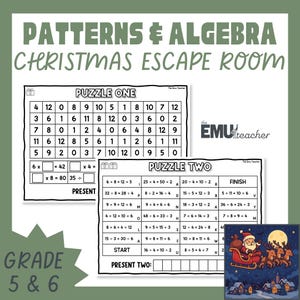 May include: A Christmas-themed escape room worksheet for grades 5 & 6, featuring math puzzles with numbers and equations. The worksheet includes two puzzles, with a Santa Claus and reindeer illustration in the corner. The title reads "Patterns & Algebra Christmas Escape Room."