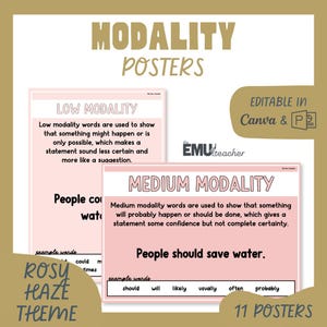 Può includere: Poster didattici con un tema di foschia rosata. I poster sono intitolati "Modality Posters" e includono informazioni sulla modalità bassa e media. I poster sono modificabili in Canva e includono il testo "People should save water."