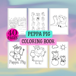 May include: A collection of six Peppa Pig coloring books. Each book features black and white illustrations of Peppa Pig and her friends. The books are displayed against a colorful, gradient background. The text "Peppa Pig Coloring Book" is visible.