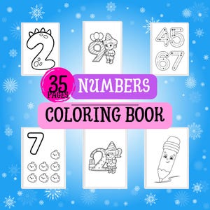 Könnte beinhalten: Ein Malbuch für Kinder mit dem Text "35 PAGES NUMBERS COLORING BOOK". Das Cover zeigt Illustrationen von Zahlen, darunter eine dinosaurierförmige 2, eine 9 mit Partyhut und einen Bleistift.