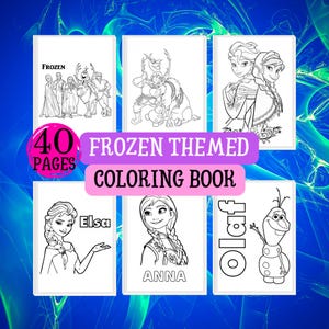 Op de afbeelding: Een verzameling van zes Frozen-kleurboeken. Elk boek bevat een andere afbeelding van personages uit de film, waaronder Elsa, Anna en Olaf. De tekst op de afbeelding luidt "40 PAGES" en "FROZEN THEMED COLORING BOOK".