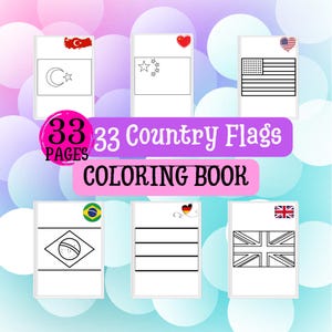 33 Country Flags Coloring Book for Kids & Adults – International Flag Activity Book – Educational Travel Gift – Printable PDF