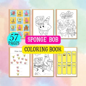 Op de afbeelding: Een kleurboek met SpongeBob SquarePants-personages. De voorkant toont de tekst "Sponge Bob Coloring Book" en "57 Pages". Het bevat zwart-wit illustraties van SpongeBob en zijn vrienden, en enkele activiteitenpagina's.