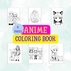 6 pagina&#39;s anime kleurboek digitaal boek afdrukbare kunst anime kleurplaten voor kinderen en volwassenen, direct downloaden, afdrukbare pdf