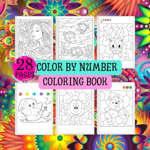 Könnte beinhalten: Sechs Malen-nach-Zahlen-Malbücher, jedes mit einem anderen Bild. Die Bilder zeigen eine Frau mit Rosen, Fische, Daisy Duck, ein Küken, Micky Maus und Winnie Puuh. Der Text lautet "28 Seiten" und "Malen nach Zahlen Malbuch".