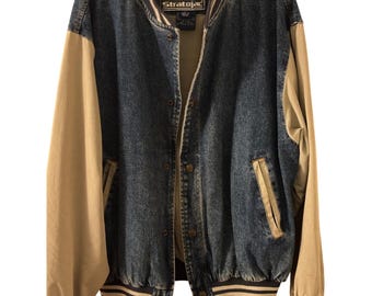 Stratojac Denim Bomber Jacket Mens L Vintage 90s Cotton Blend Blue khaki
