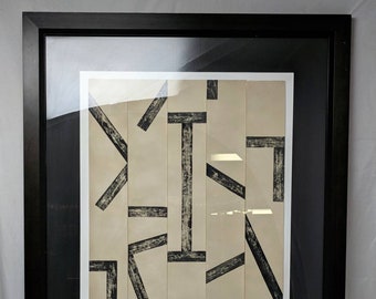 VTG Original Tan Textured Paper Strips Black Abstract Stamped Lines Artist Signed Hong Framed Matted Art 43” x 31.5”