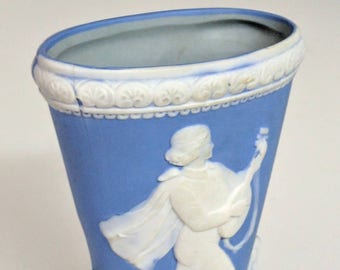 Small Schafer & Vater German Cameo Blue Jasperware Small Fan Vase Mandolin Player